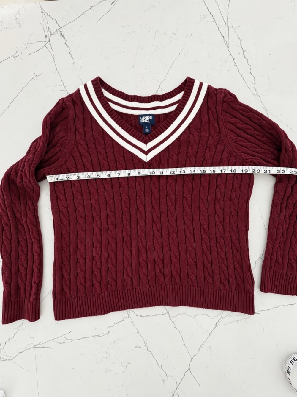 Lands End 100% Cotton Varsity Collegiate Cable Knit Sweater Burgundy SZ Large - Picture 6 of 9